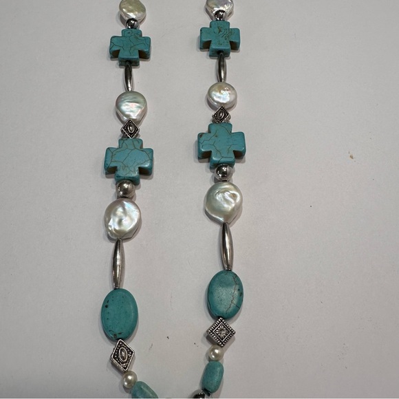 Turquoise Cross Statement Necklace Pearl & Faux Pearl Beaded Artisan Made - Picture 10 of 14